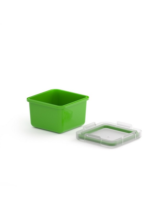 Contenitore ermetico per alimenti utilizzabile in microonde, lavastoviglie e congelatore, da -20ºC a 200ºC, realizzato in materiale termoplastico PBT color verde, capacità 400 ml
